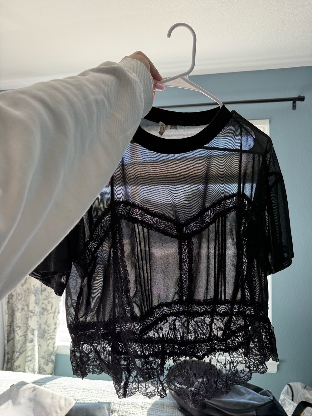 dolan Black Sheer Lace-Trim Crop Top